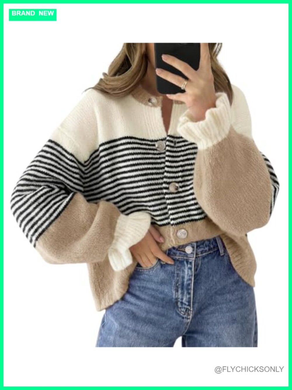 Women's Striped Cardigan Sweater Ruffle Sleeve Button Up Loose Knit